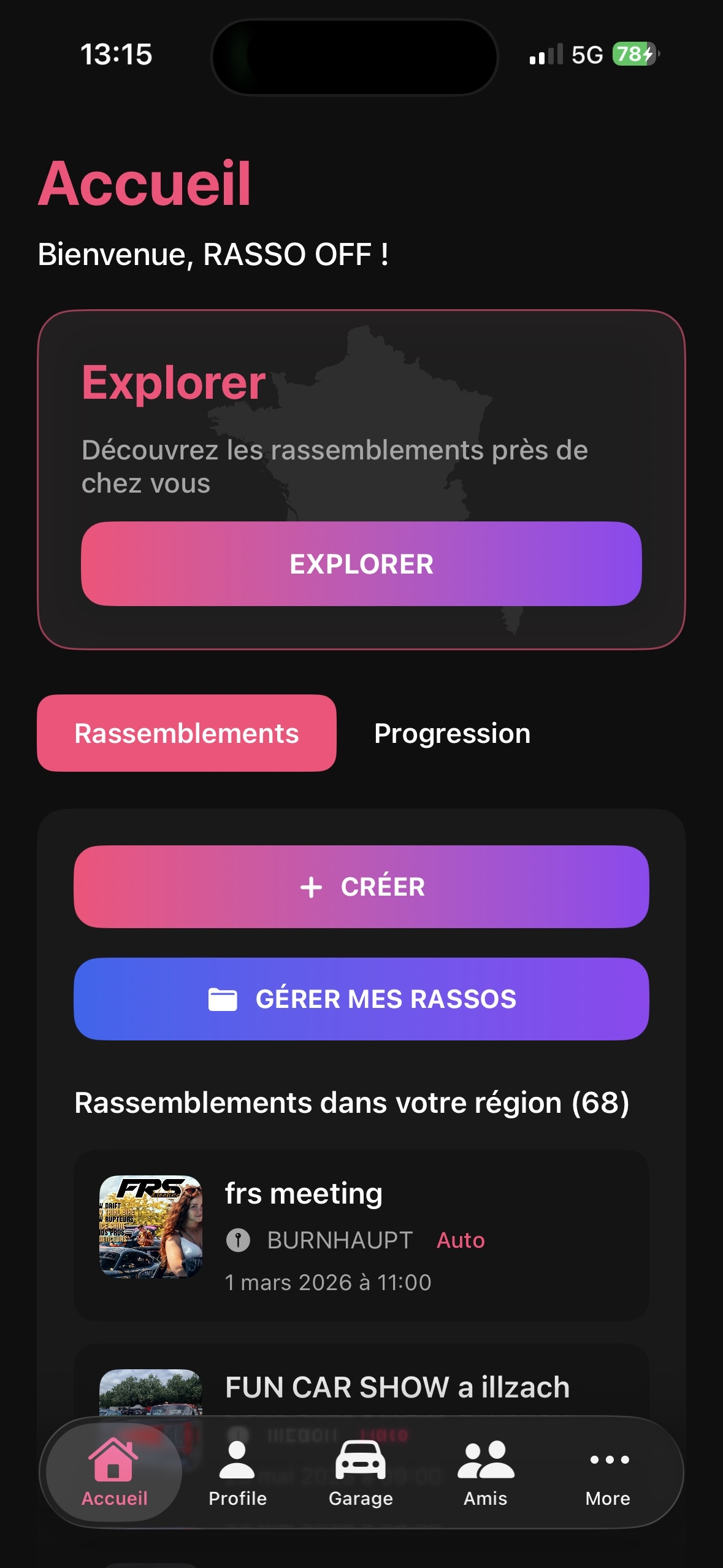 Écran accueil de l'application Rasso – rassemblements voiture et moto