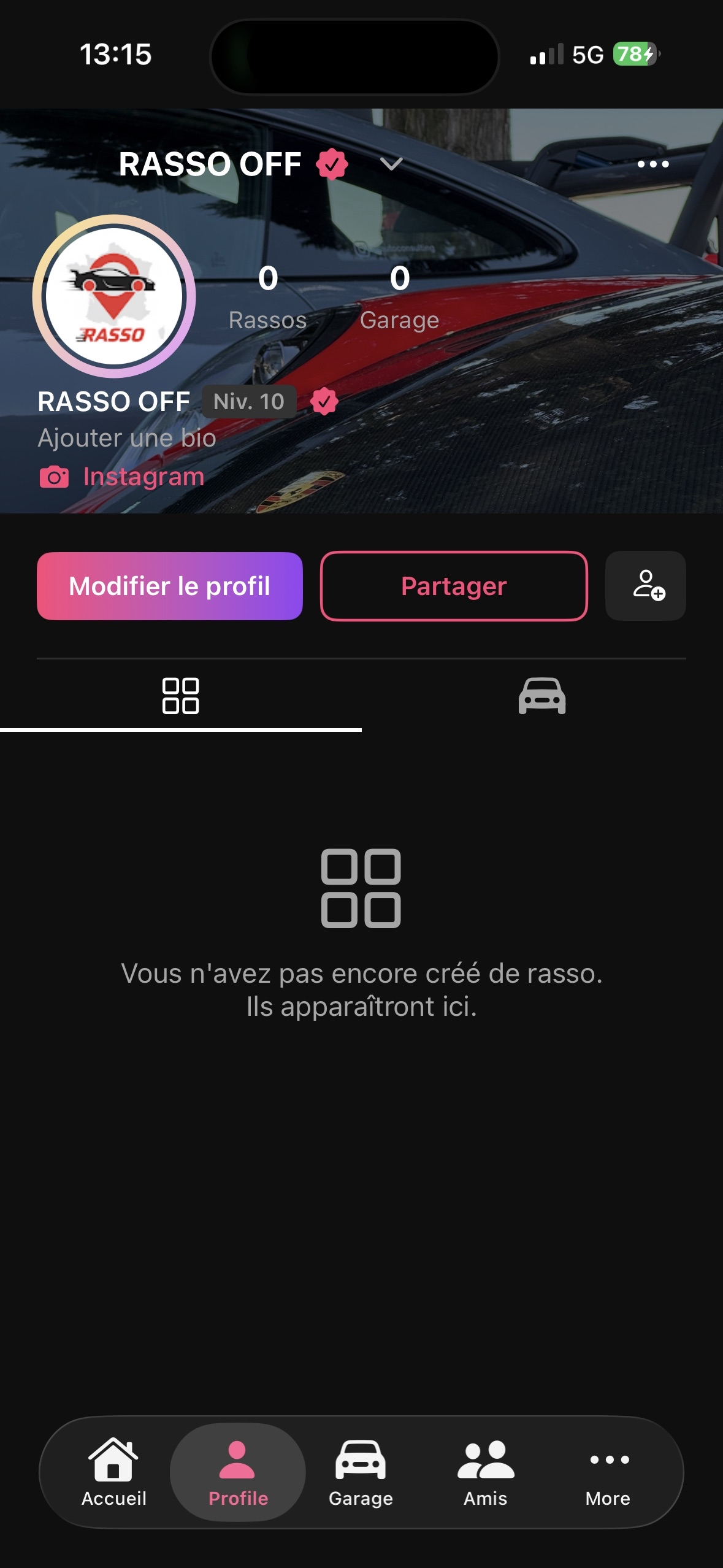 Profil passionné automobile sur l'application Rasso